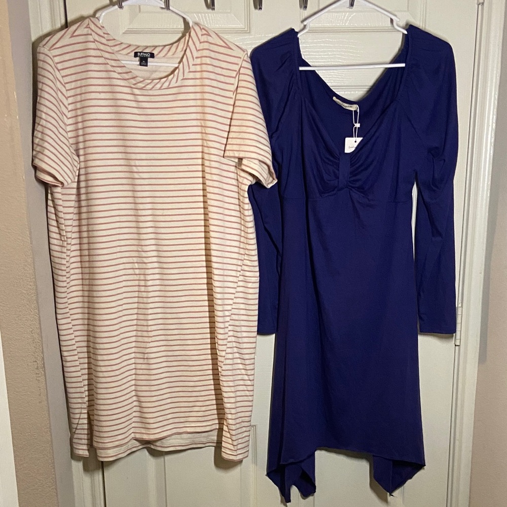 Buffalo David Bitton Cream Striped Tee Dress and Indigo Blue Dress Set